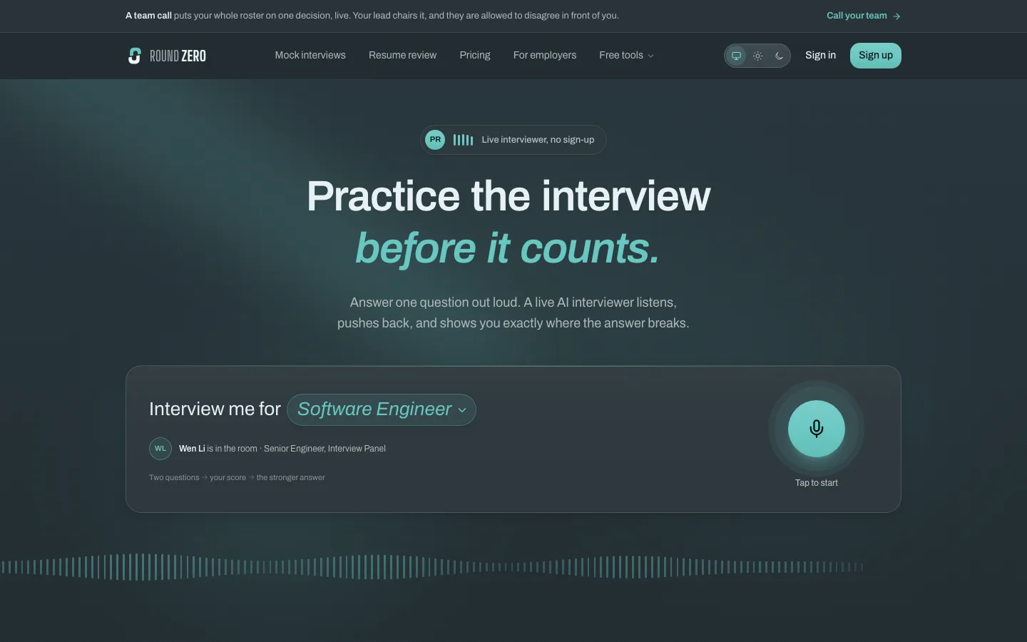 Round Zero homepage: "Practice the interview before it counts", with a role picker and a microphone button to start a live interview.